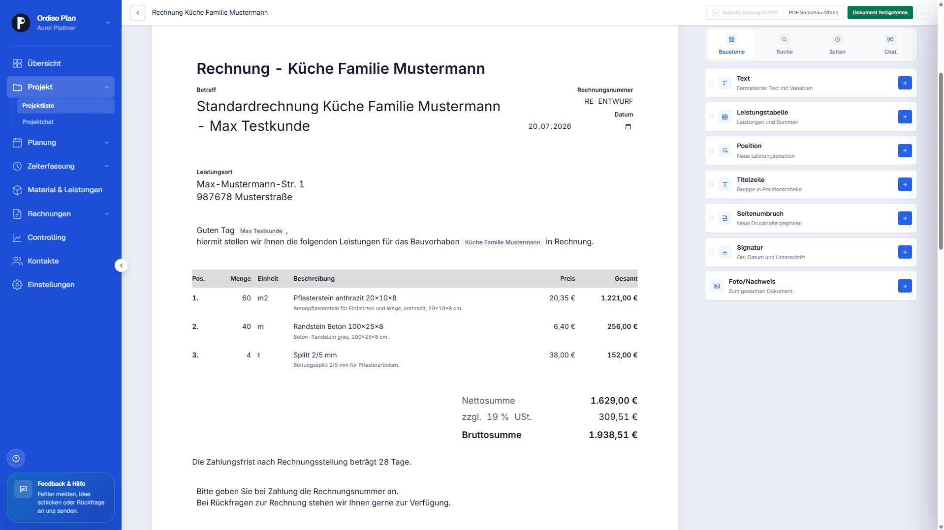 Ordiso Plan Rechnungseditor mit Rechnung, Positionen und Dokumentbausteinen