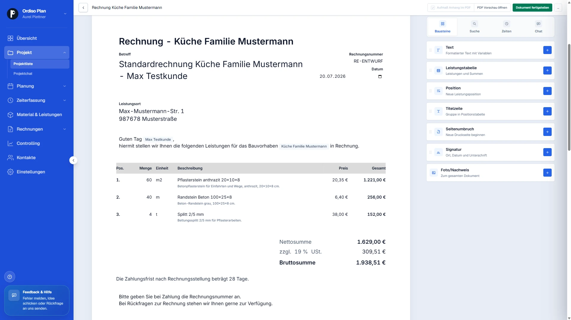 Ordiso Plan Rechnungseditor mit Rechnung, Positionen und Dokumentbausteinen
